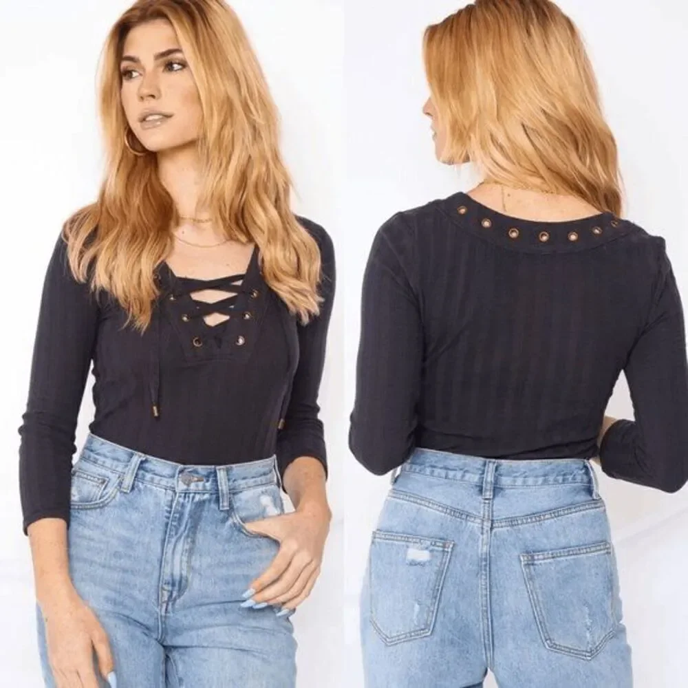 Free People Ice Cold Lace Up Grommets Blue Gray Ribbed Quarter Sleeve Top XS